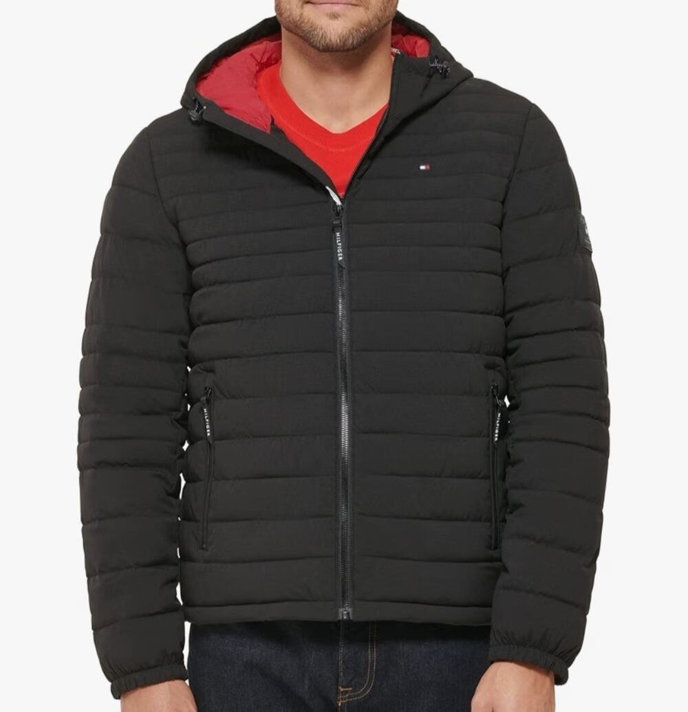 Tommy Hilfiger Mens Quilted Puffer Hooded Jacket Black Large $225 Orig